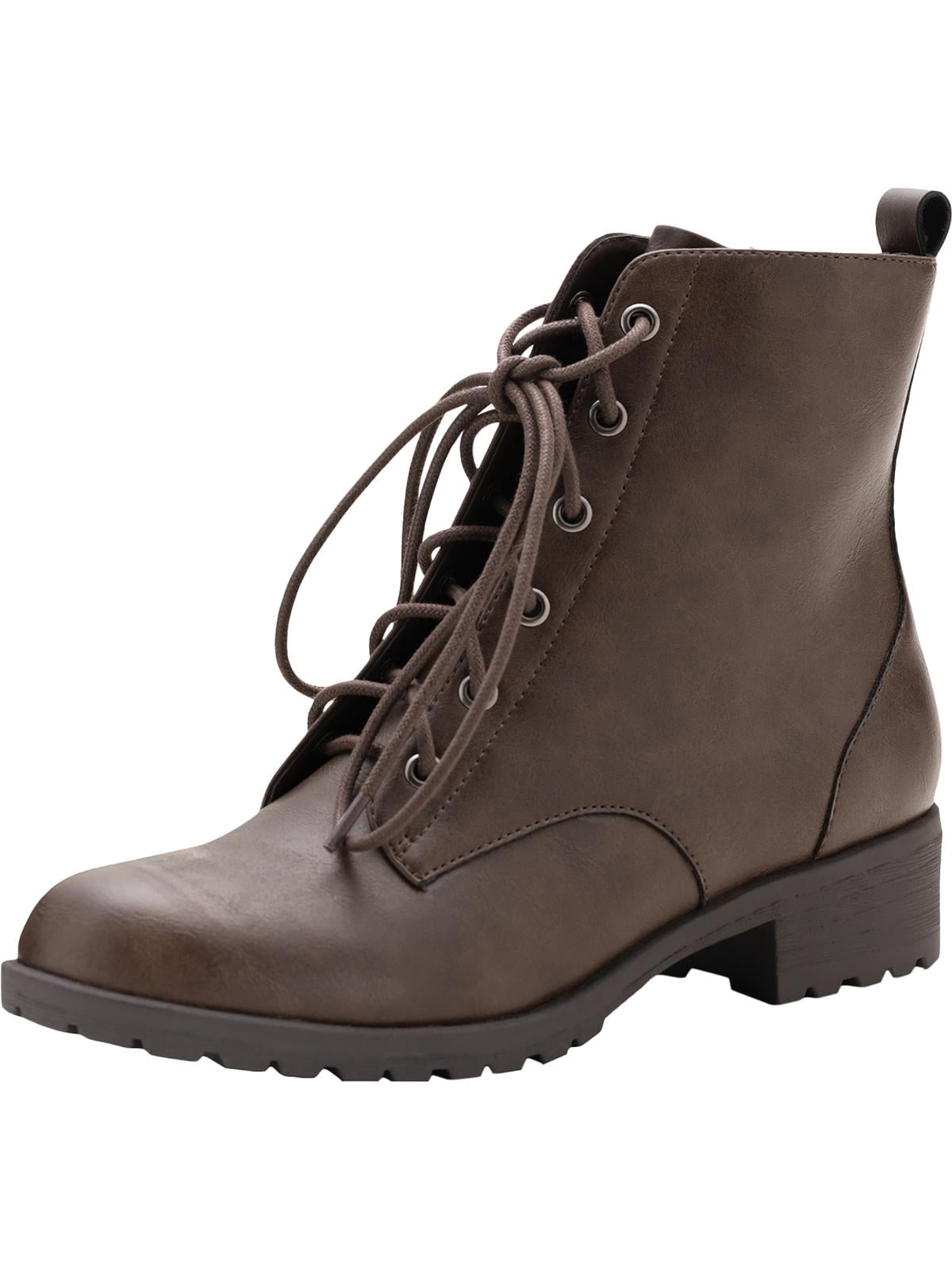 Faux Leather Low Heel Ankle Boots Brown 