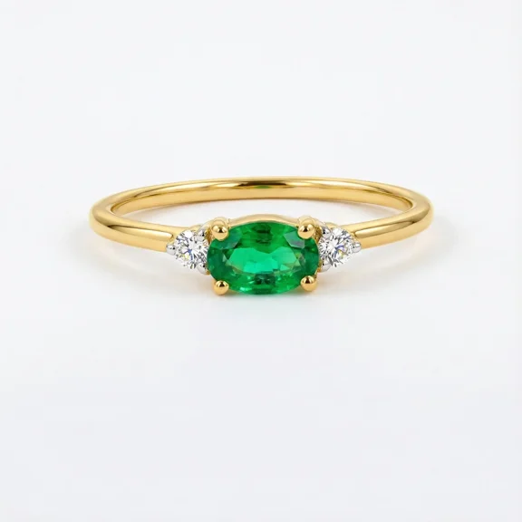 SDLJ Minimalist Oval Emerald Style Three-Stone Ring 925 Sterling Silver Gold Plated Dainty Band Size 5–10