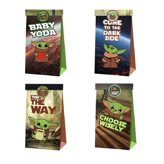 12 uds. bolsa de regalo de star wars yoda baby the grogu bolsa de botín de dulces para fiesta temática, paquete de 12 bolsas impresas en papel kraft (22 x 18 x 2 cm) con cuatro diseños frontales estilo dibujo animado que muestran los textos impresos: "Baby Yoda", "Come to the Dark Side", "This Way" y "Choose Wisely"; laterales en verde o marrón, empaquetado en bolsas OPP, ideal como decoración de cumpleaños o favor de evento.