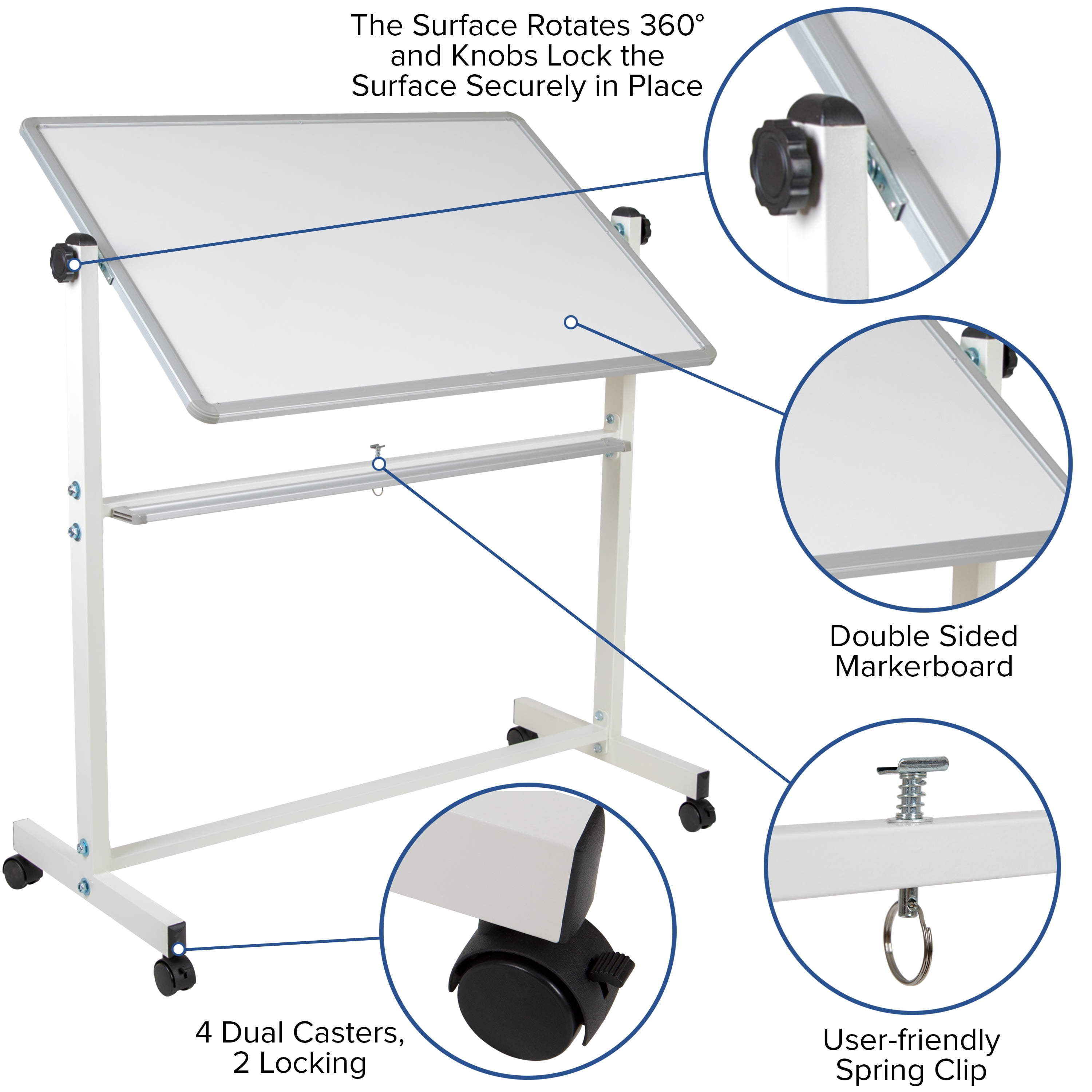 Emma + Oliver Double-Sided Mobile White Board with Pen Tray, 45.25"W x 54.75"H
