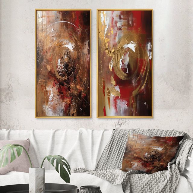 Designart "Ancient Revelations Or et Rouge Abstrait III" Peinture Abstraite Encadrée Ensemble d'Art Mural Moderne en Or Ensemble de 2