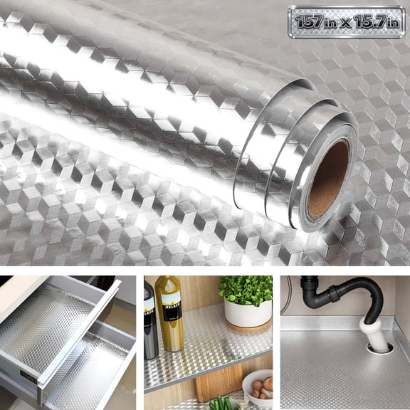 Contact Paper for Cabinets, Waterproof Cabinet Liner, Drawer Liner for Kitchen Cabinets, Countertops, Self Adhesive Aluminum Foil, Oil Proof, Heat Resistant, Easy to Clean, 157 x 15.7 in