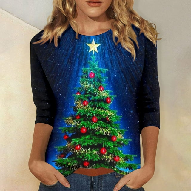 Promotions d'Été! Aqestyerly Haut de Noël pour Femmes Liquidation Mode Féminine Manches Trois-Quarts Col Rond Rétro Imprimé de Pâques Blouse Ample