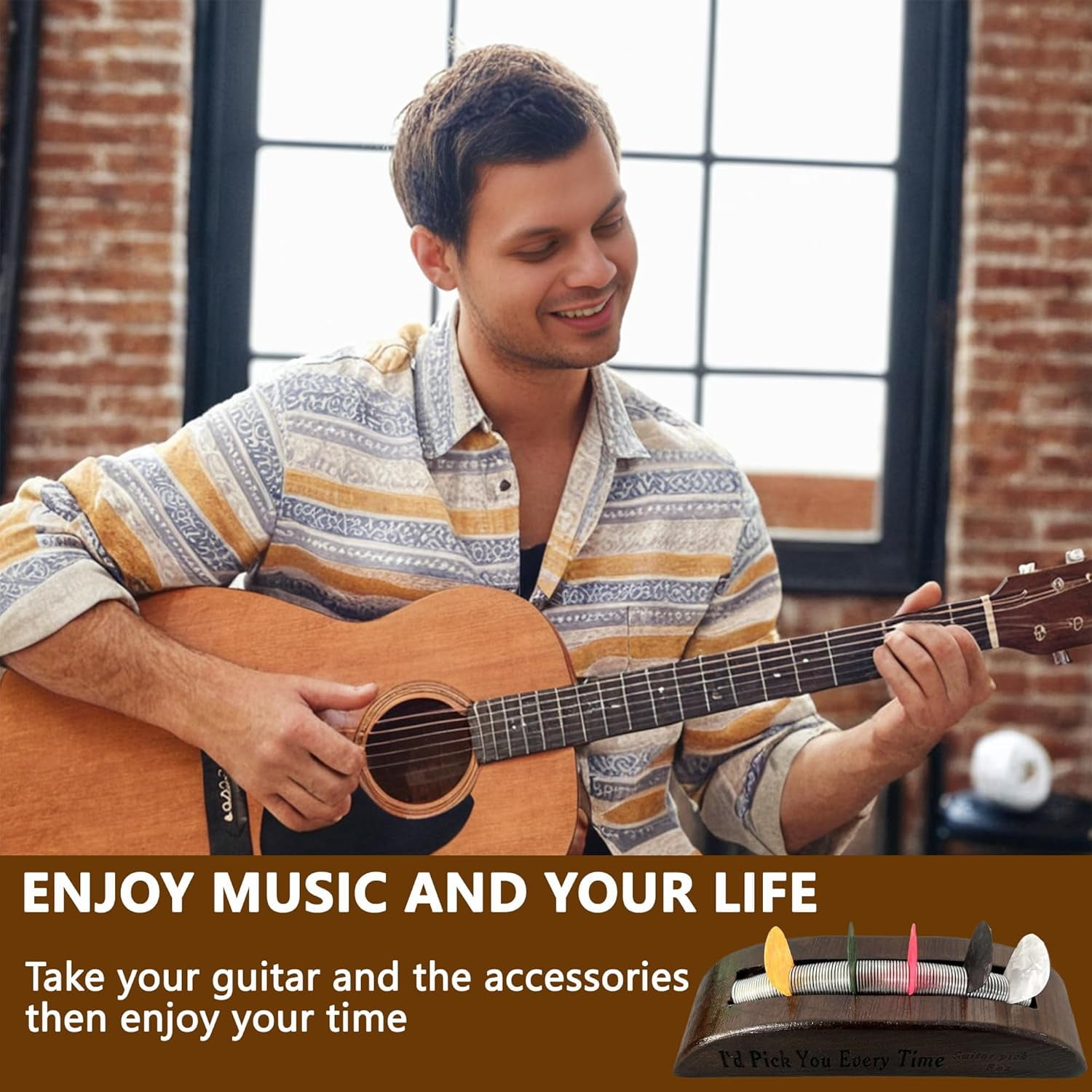Wooden Guitar Pick Holder: Guitar Pick Display Case Holder, Guitar Pick Stand, Exquisite Guitar Accessories Guitar and Bass Gift, 6.69 * 1.77 * 1.97 inch Organizers (Dark Brown)
