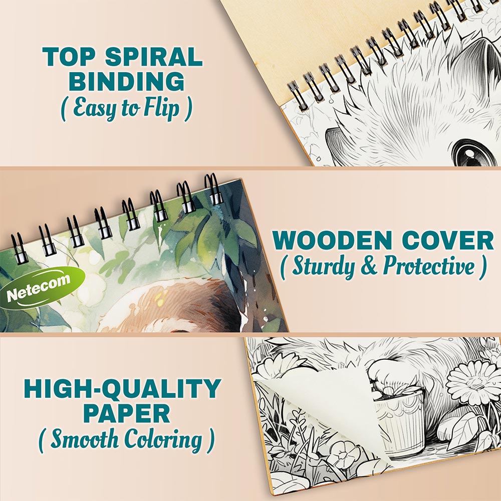 Wildlife Baby Animals Coloring Book Spiral Bound For Adults, A5 Wooden Cover, 30 Adorable Coloring Pages of Playful Baby Animals for Stress Relief and Relaxation