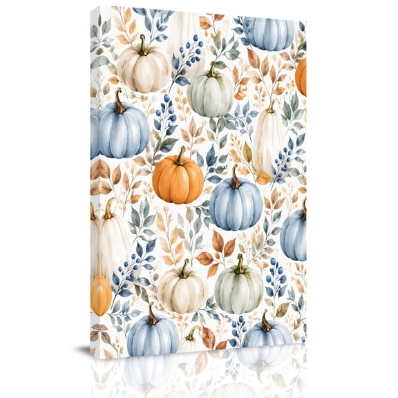 Canvas Wall Art, Orange Blue Pumpkin Fall Framed Canvas Prints for Living Room Dining Room, Thanksgiving Botanical Leaves Extra Large Gallery Wrapped Wall Decor for Home Office, Gifts, 22"x28"