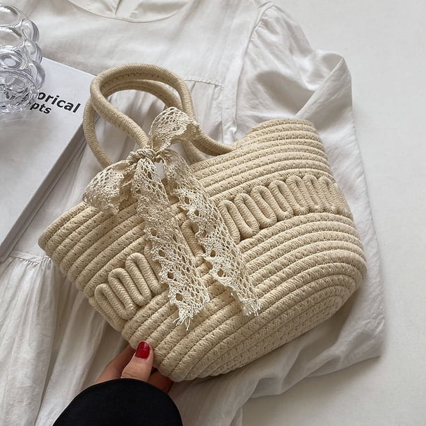 Nvzi Bolso de mano de paja, bolso de mano de gran capacidad, bolso con asa superior, bolso de paja elegante de verano, blanco
