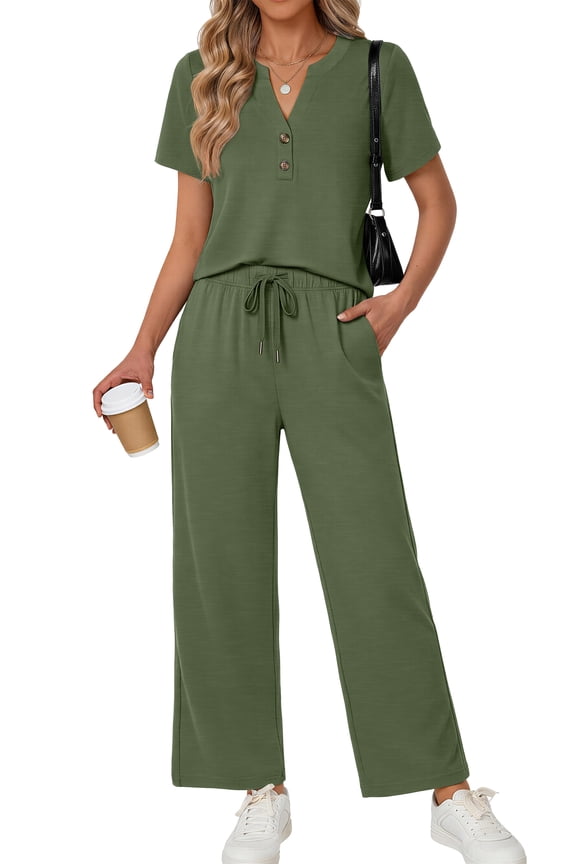 Two Piece Lounge Sets for Women Vacation Travel Outfits Dressy Casual V Neck Short Sleeve Tops Wide Leg Pants Fashion Outfits