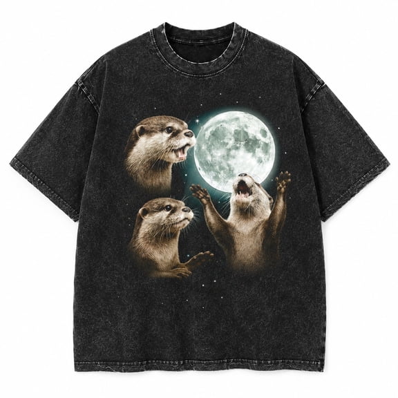 Three Otters Moon Graphic Washed T-Shirt Unisex Heavyweight Cotton Tee S-5XL