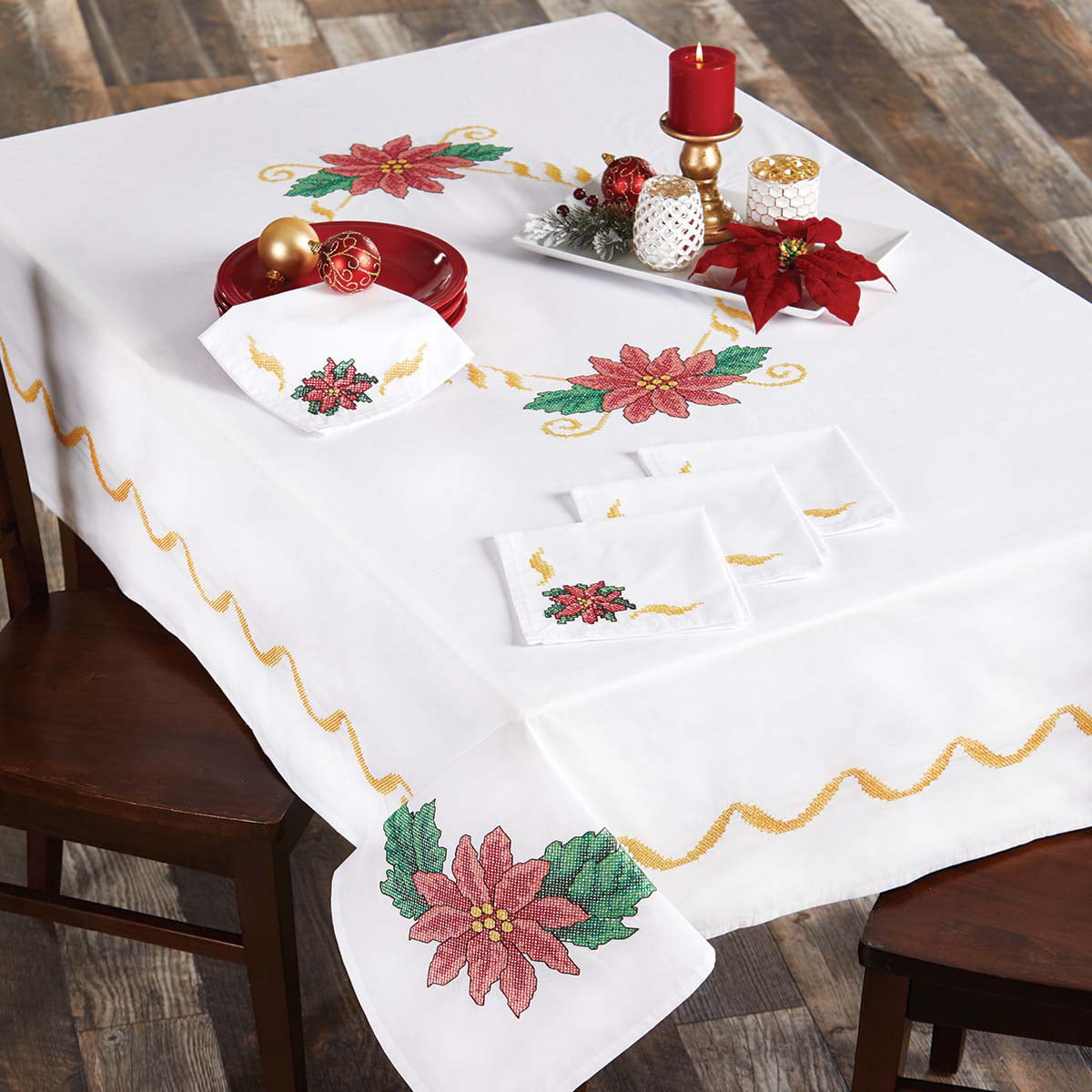 Vintage Poinsettia hand cross stitched table runner