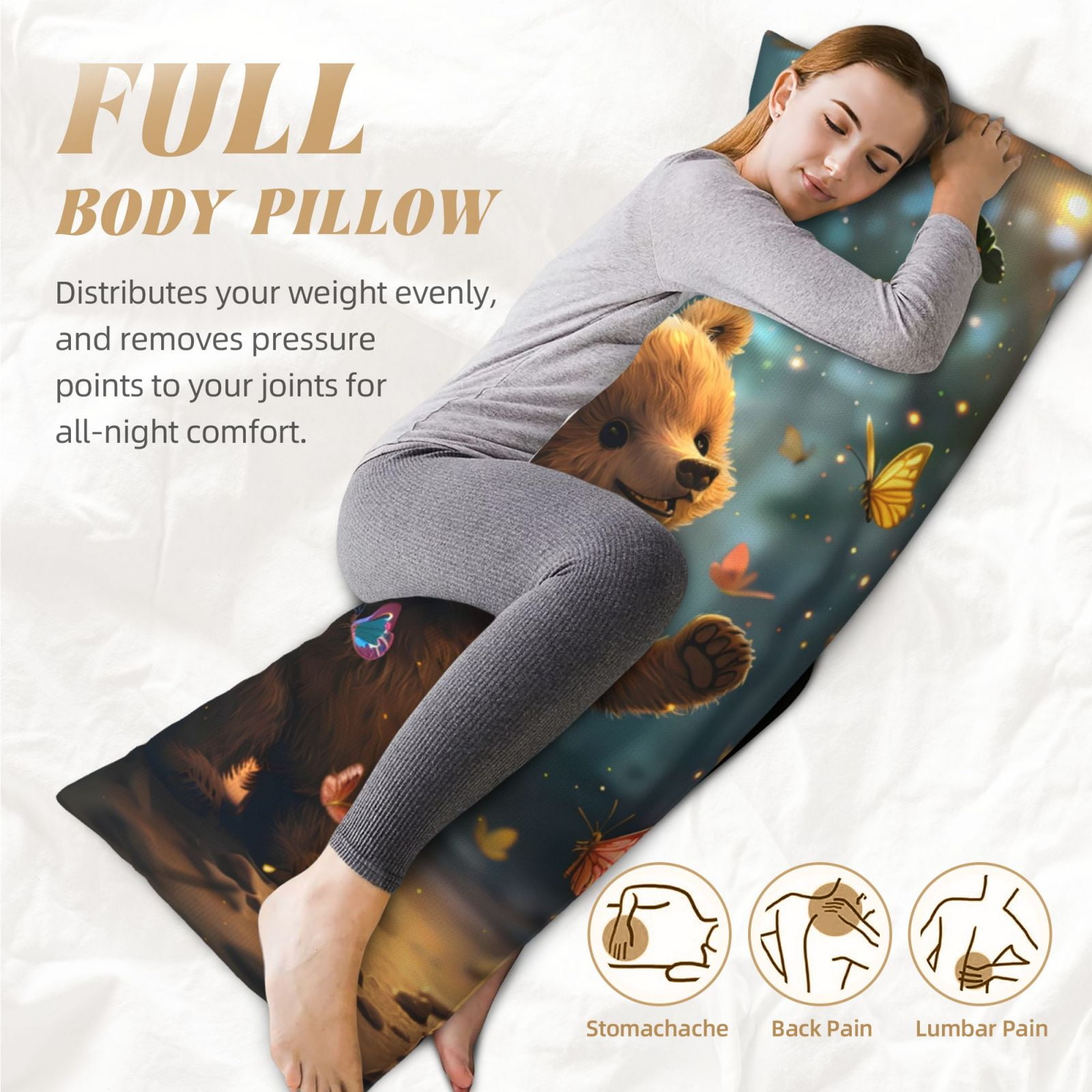 Naloa Cute Butterfly Bear Super Soft 20x60 Body Pillow Case,Long Side Hidden Zipper（PILLOWS ARE NOT INCLUDED）