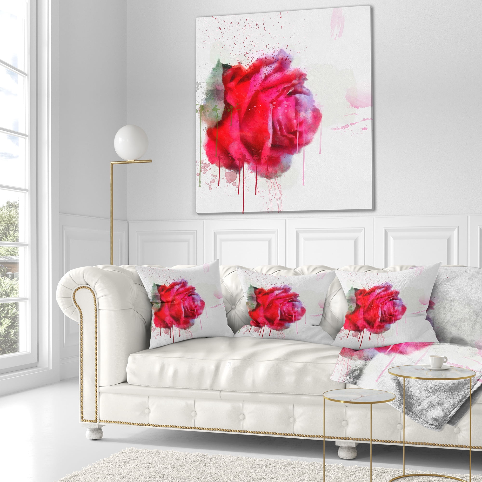 Designart Watercolor Red Rose Illustration - Floral Throw Pillow - 18x18