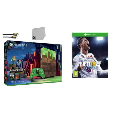 Microsoft 23C-00001 Xbox One S Minecraft Limited Edition 1TB Gaming Console with 2 Controller Included with FIFA 18 BOLT AXTION Bundle Like New