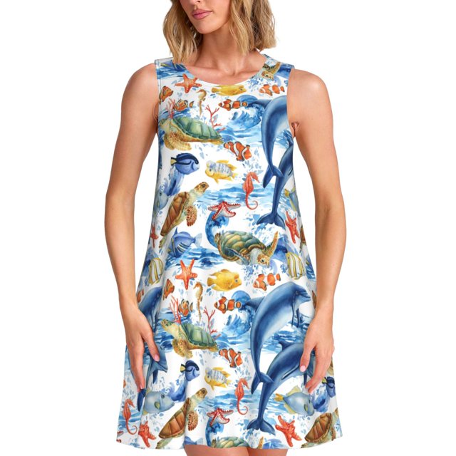 Fotbe Marine Animals Vestido de Verano sin Mangas para Mujer – Vestido Midi Línea A, Estilo Camiseta Floral, Vestido Playero Casual y Fluido