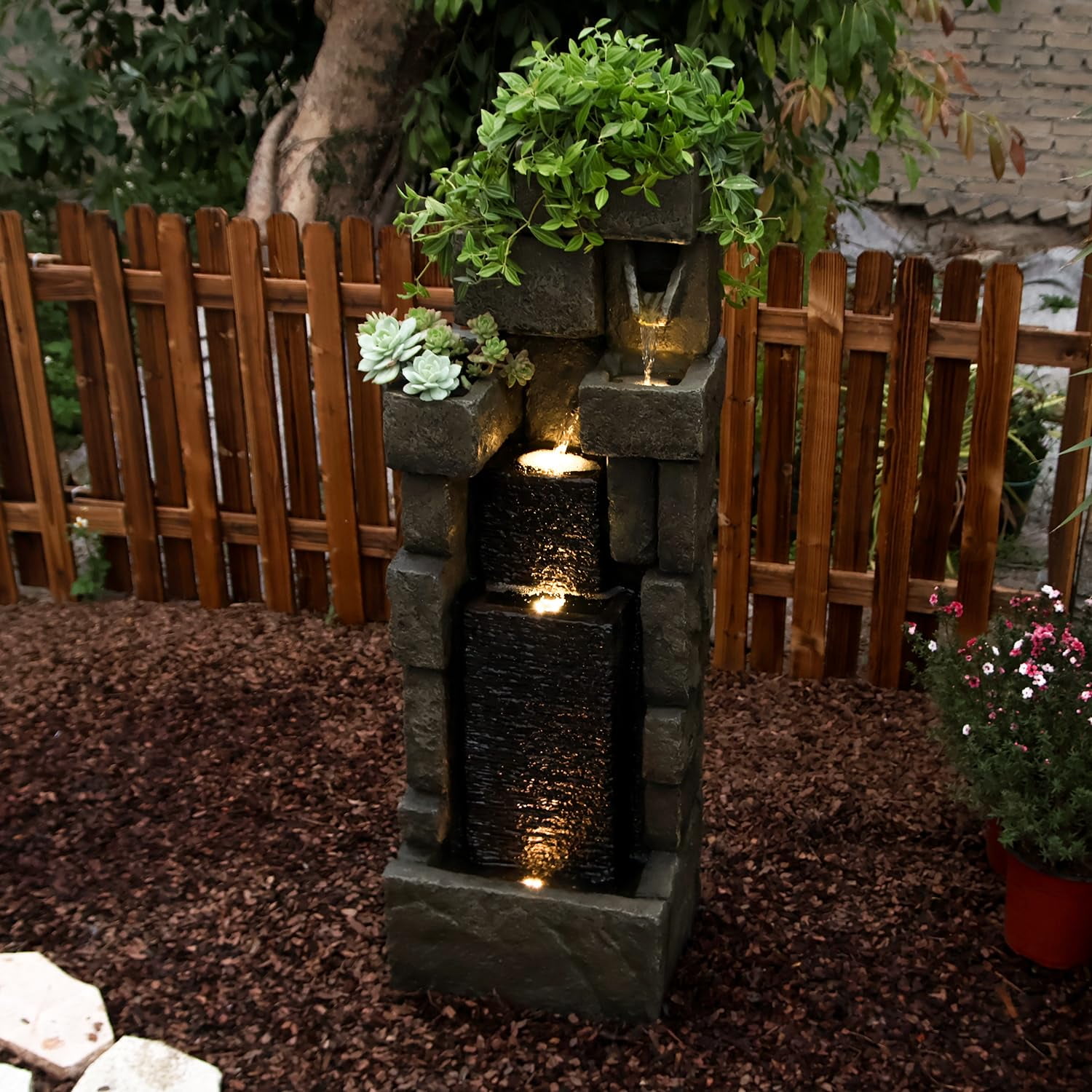 42.72" H Modern Stacking Bricks Water Fountain Outdoor Cascading Waterfall Fountains with Led Lights for Gardens Landscaping Patios Balconies and Lawns Decor for Outside