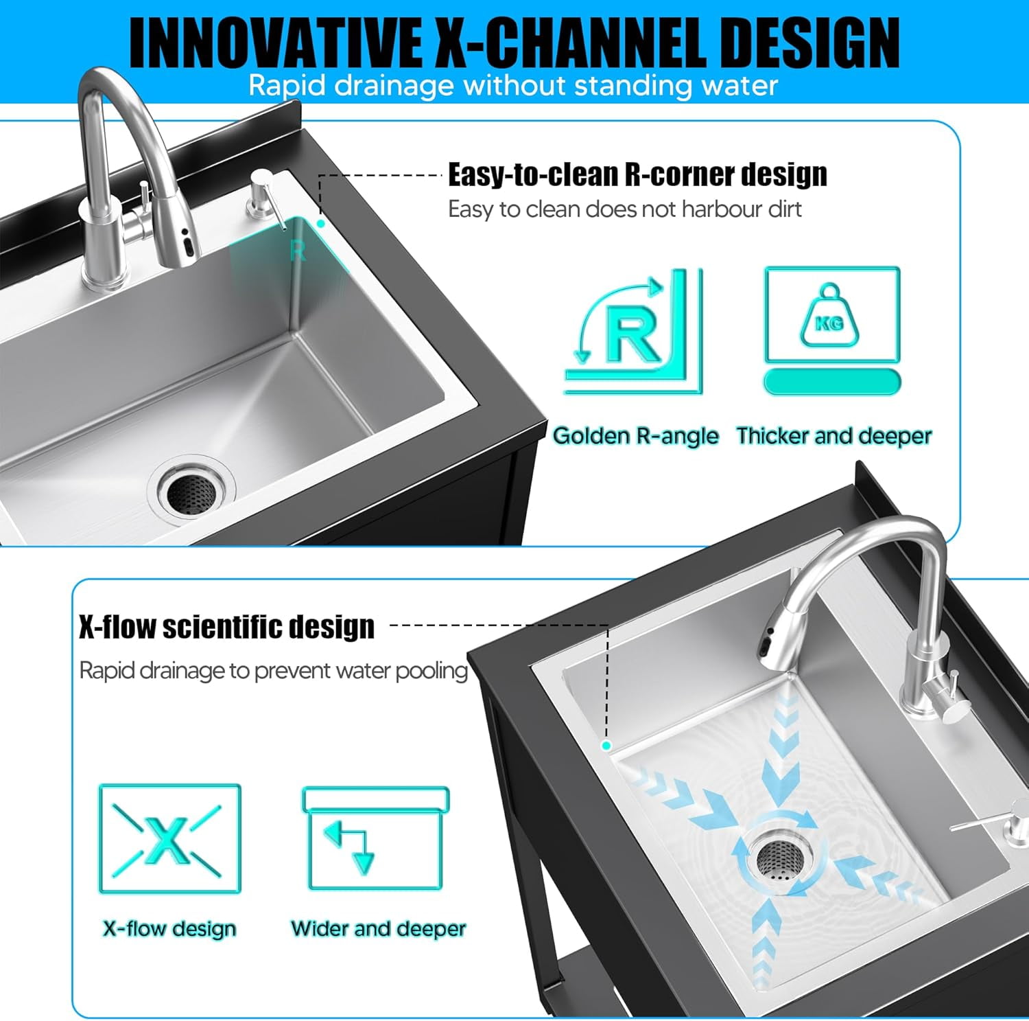 Stainless Steel Utility Sink, 25.7" × 20.7" × 39.5"Freestanding Sink with Cold and Hot Water Faucet,Hoses and Drain Kit for Kitchens, Bathrooms, Garage, Laundry Room