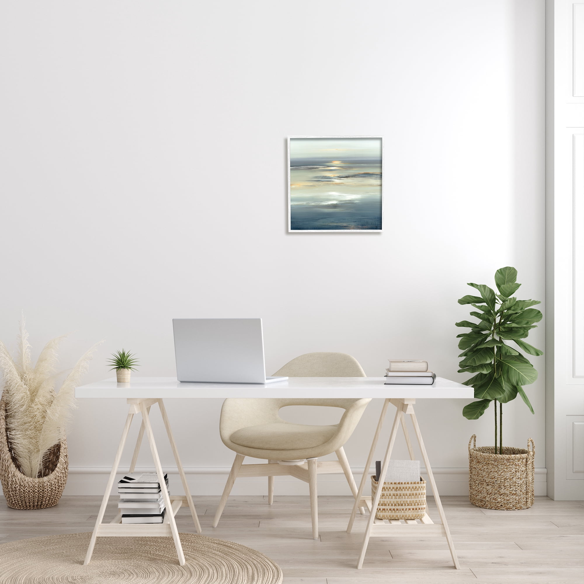 Abstract Tranquil Nautical Sunrise Reflection Grey Blue Abstract Framed Art Print Wall Art, 17x17