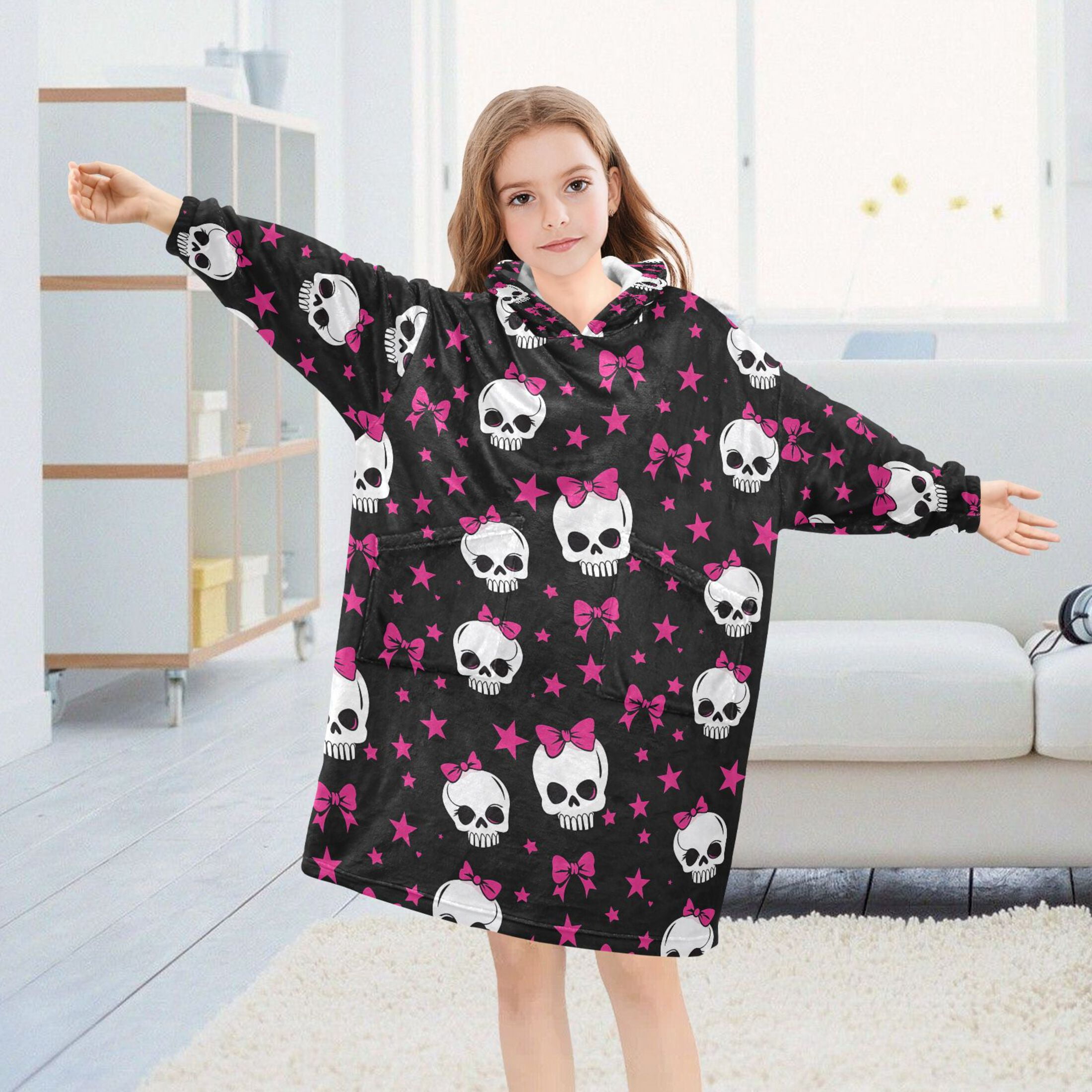 joogoo Wearable Blanket Skull with Bows Hoodie for Oversized Sherpa Hooded 3-14 YR M