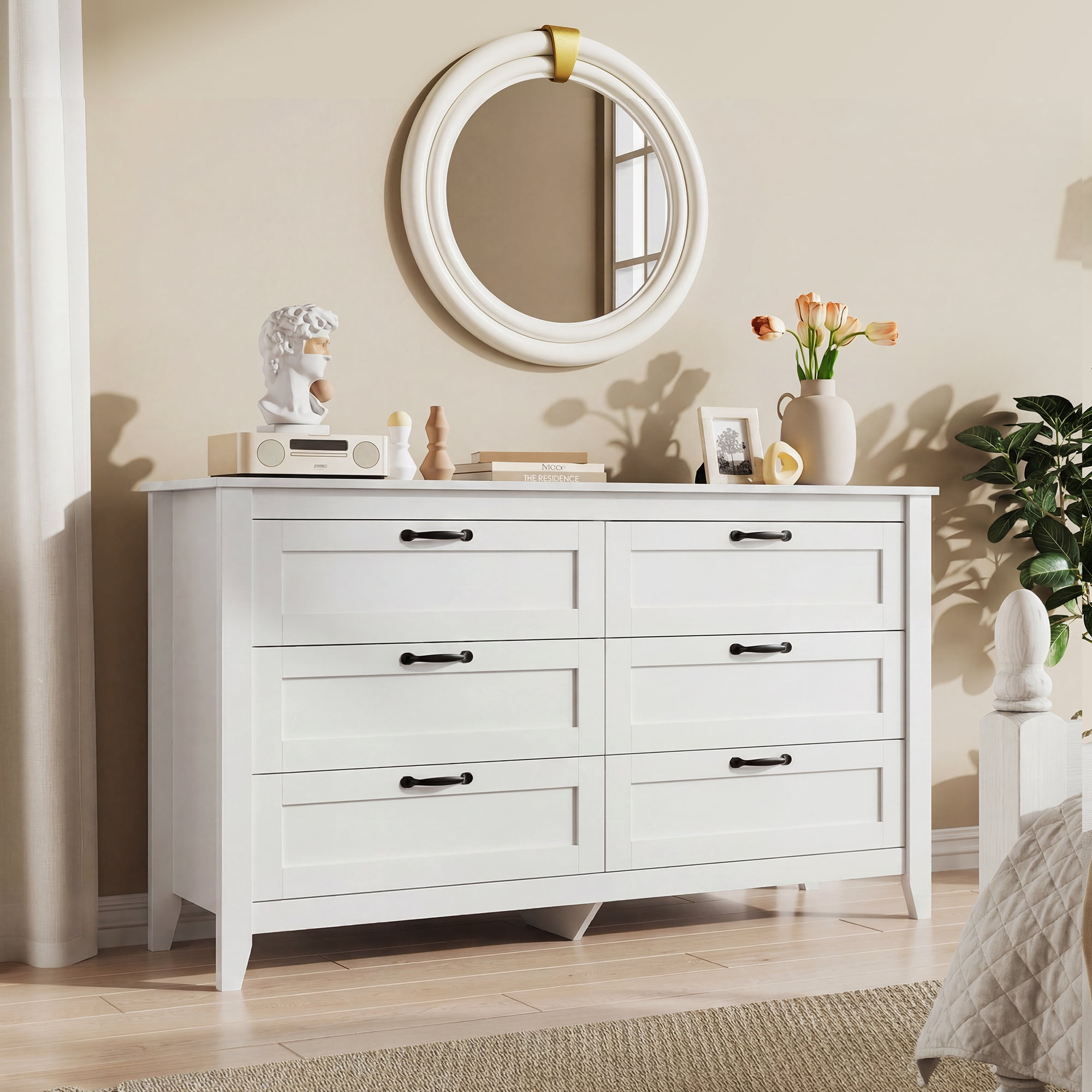 GALAXHERO 6-Drawer Double Wood Dresser - Farmhouse Chest of Drawers with Metal Handles for Bedroom, Living Room, Entryway, White