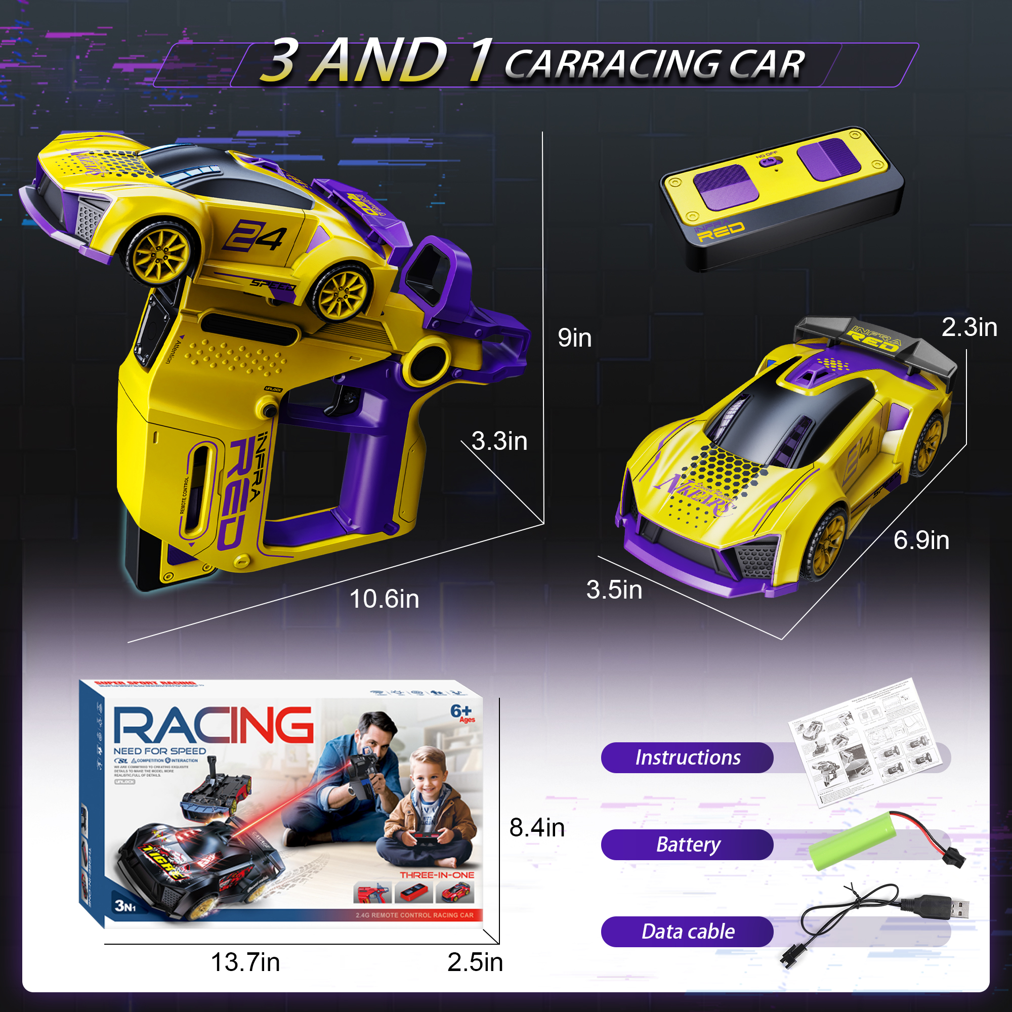 ZSUCC Battle RC Cars Stunt Racing Set, 3 IN 1 4WD Drift Car Toy for Kids Ages 6-12, Dual Controller, & Interactive Combat Game, Parent-Child Sensor Chase Toy for Kids Ages 6+ (Yellow)