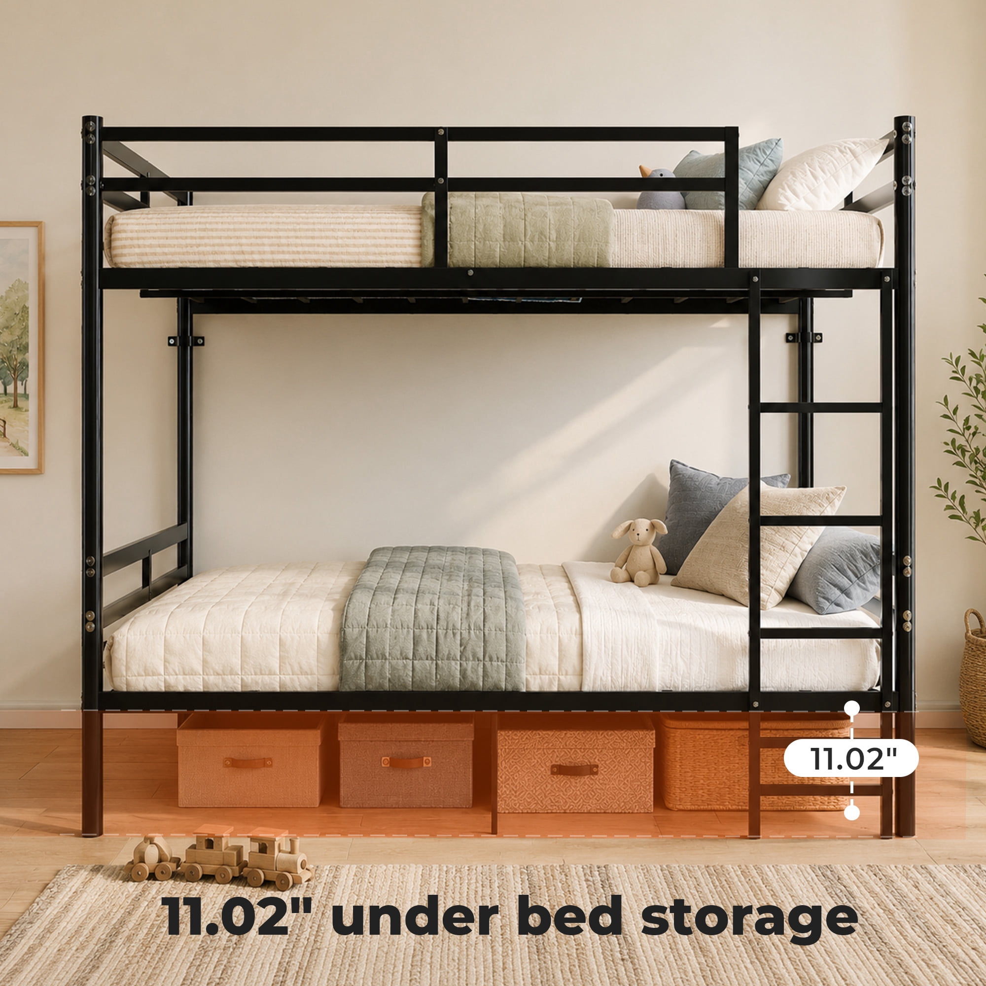 Alvantor Bunk Bed Full over Full for Kids, Metal Bunk Bed with Stairs and Anti-tip Bracket Black