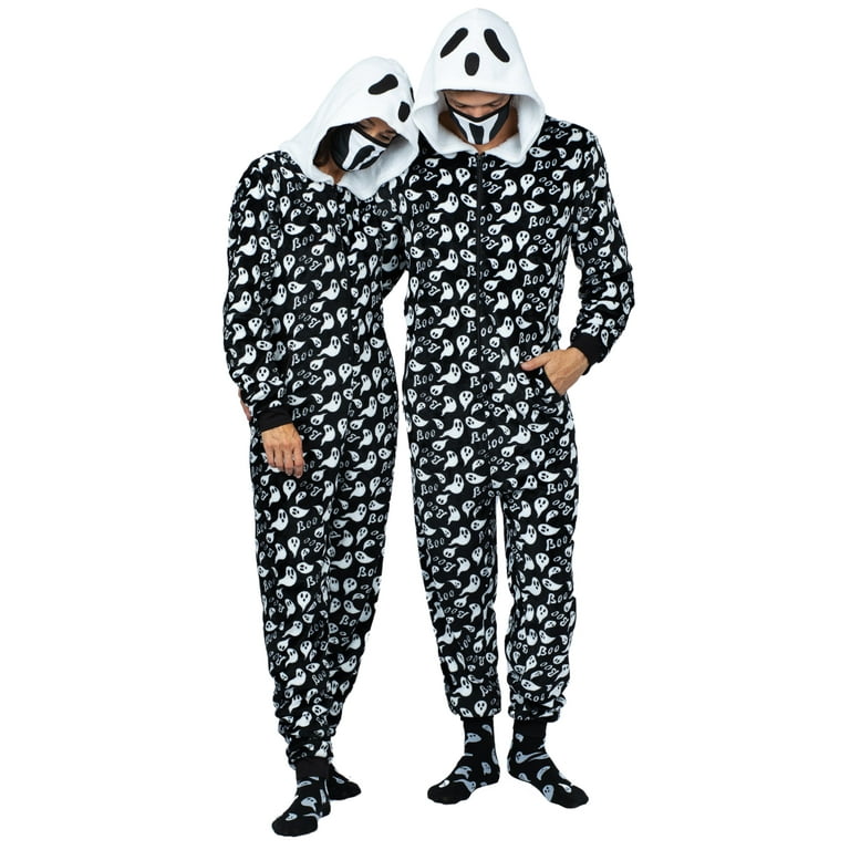Holiday Matching Couples Costume Pajama Onesie With Socks and Mask Ghost Devil and Skeleton Black Ghost Men Size 2X
