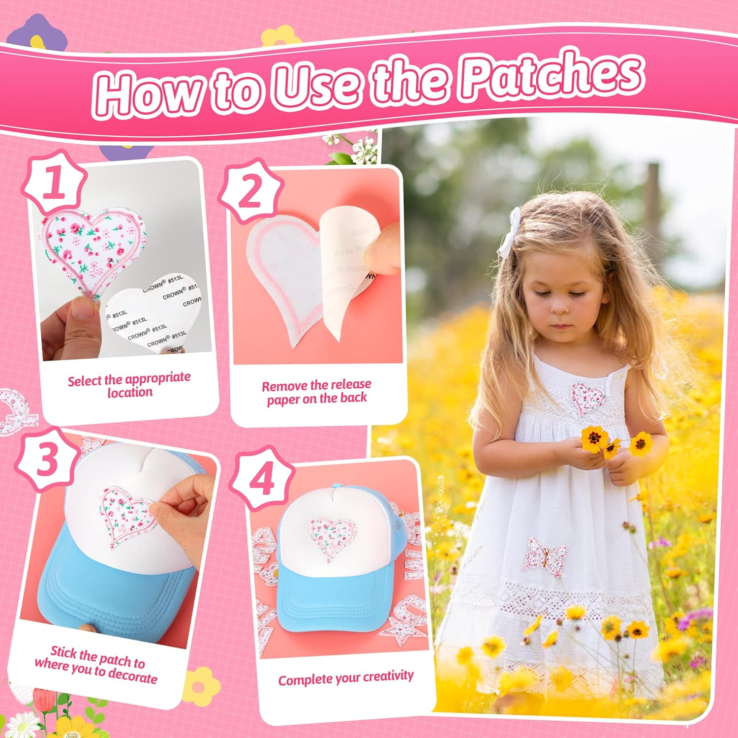 Letter Patches Self-Adhesive for Girls Clothing: Pink 60Pcs Flowers Butterfly Letters Patch Stickers - Cute Fabric A-Z Alphabet Applique Patches Stick on Jackets Hats Bags DIY Crafts