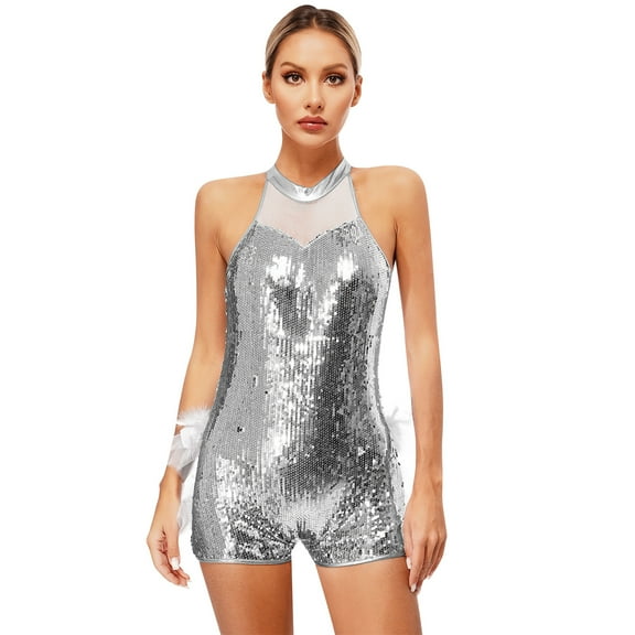 Alvivi Women's Shiny Sequins Dance Costumes Back Tiered Mesh Ruffles Leotard Bodysuit Jumpsuit White M