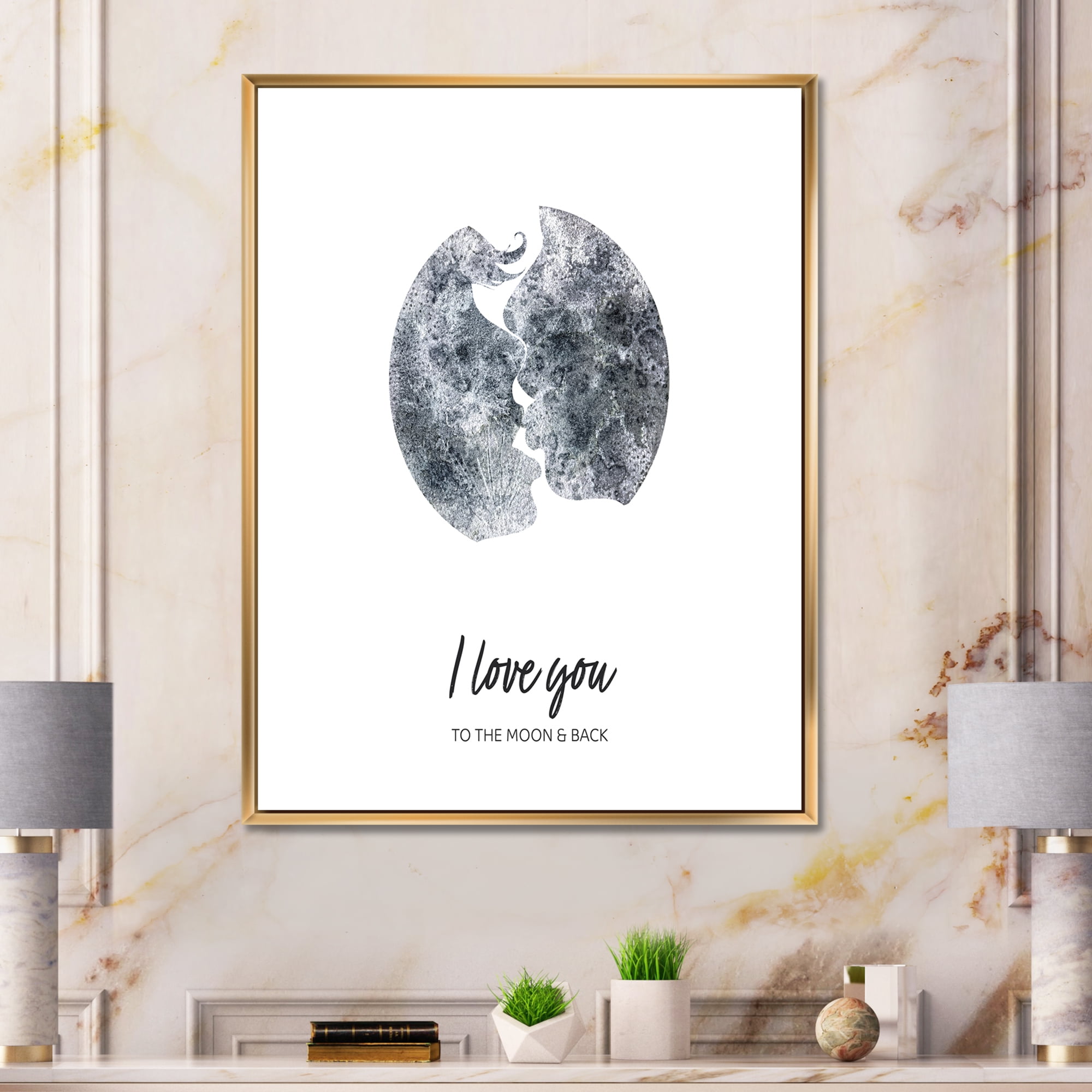 Designart 'Kiss of Two Lovers In Romantic Moon Shape' Modern Framed Canvas Wall Art Print