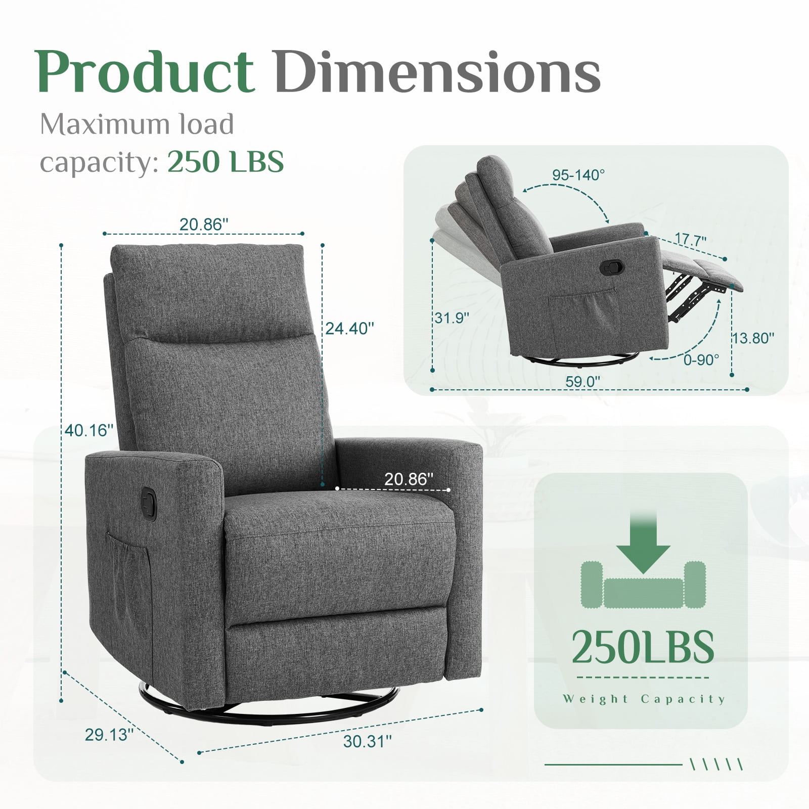 Gianna Swivel Recliner Chair, Living Room Glider Rocker Recliners, Nursery Massage Rocking Chairs