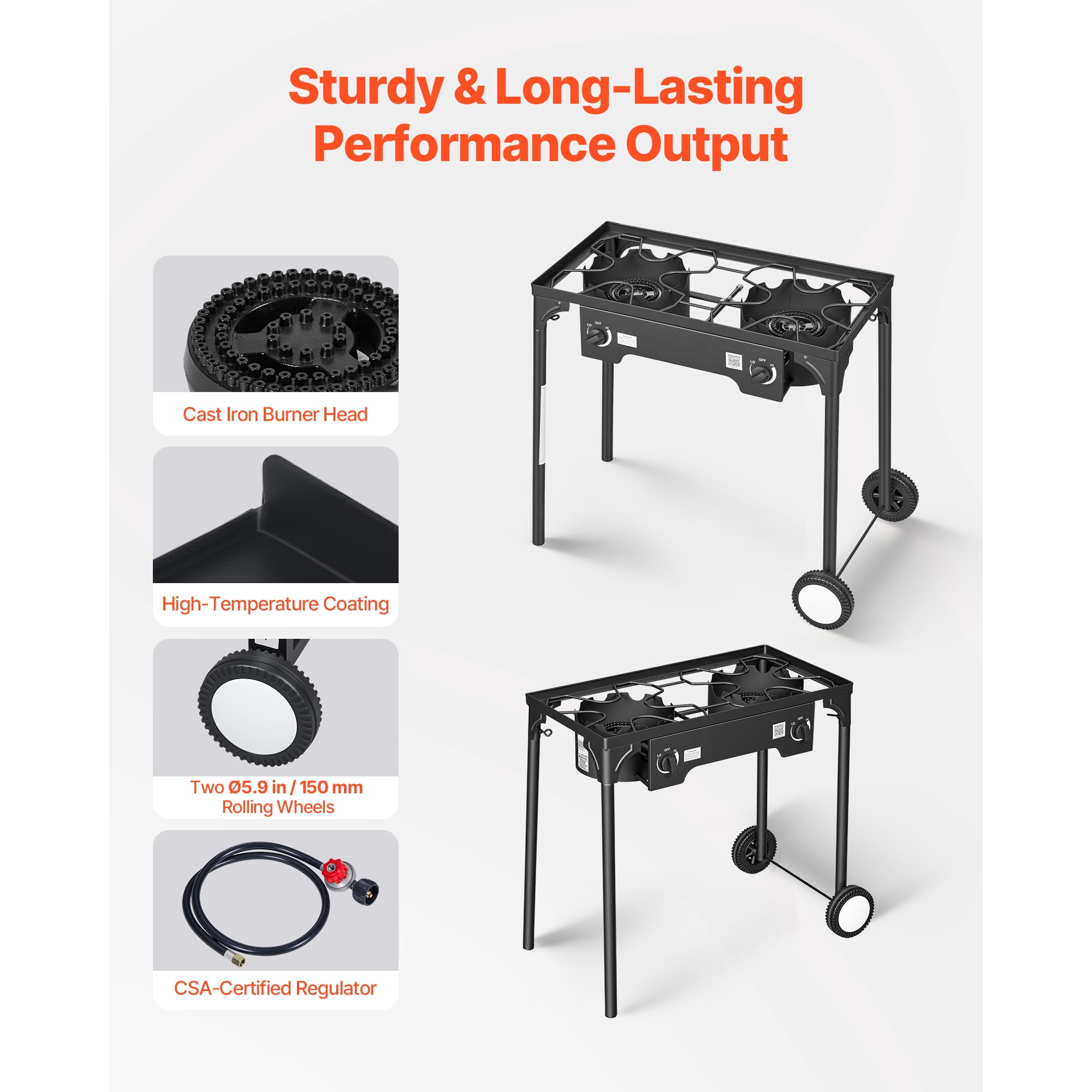 KFFKFF 2-Burner Outdoor Propane Gas Stove, 150,000 BTU LPG Camping Cooker, Durable Carbon Steel Design with Wheels, 20 PSI Regulator & Hose, Ideal for BBQs, Camping, and Backyard Use