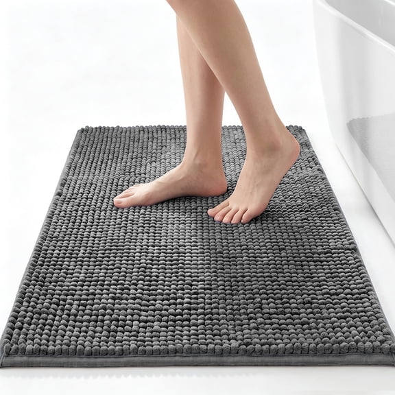 MudFree Chenille Bathroom Rugs, Quick Dry Washable Microfiber Bath Mat, Dark Grey, 24"X16"