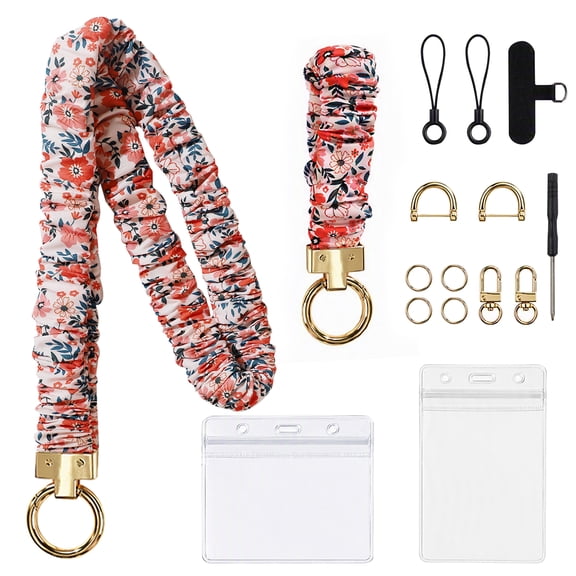 GlamourGaze Scrunchie Lanyard with ID Badge Holder Floral Stretchy Retractable Carabiner Clip Key Rings Set for Women Nurse Teacher Team Gift, Pink