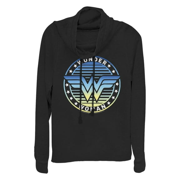 Junior's Wonder Woman Classic Logo Stars Cowl Neck Sweatshirt