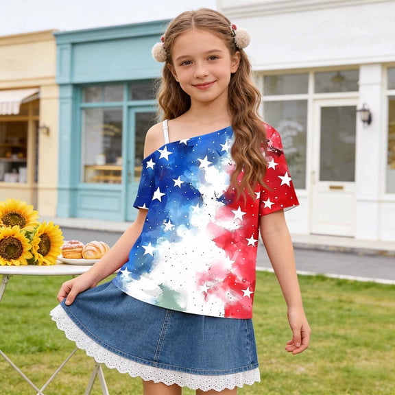 ITSAME Girls American Flag Graphic Tee One Shoulder Tops 4th of July Independence Day Patriotic T-Shirts Multicolor Size 5