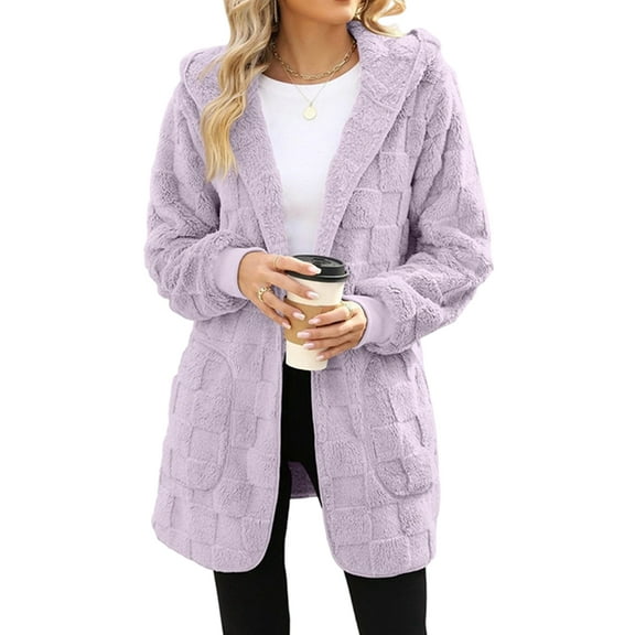 Womens Fleece Zip Up Jacket with Pockets Oversized Long Hoodie Fuzzy Long Sleeves Jackets Warm Teddy Coat Light Purple S