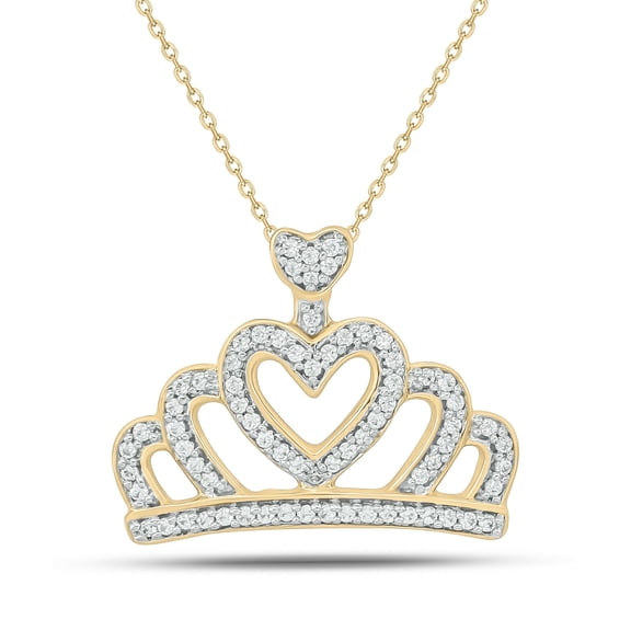 Cali Trove Diamond Heart Crown Pendant Necklace 1/6 Ct Natural Diamonds in 14KT Yellow Gold Vermeil Symbol of Love and Royalty Gift for Women