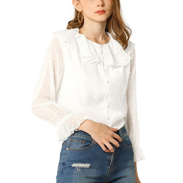 INSPIRE CHIC Blouse en Mousseline Transparente à Pois pour Femme à Col à Volants
