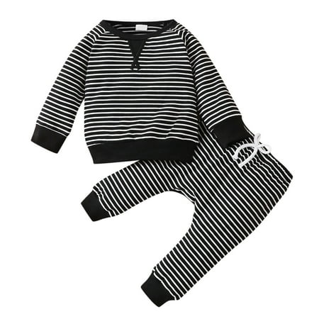 

Kids Baby Boys Girls Striped Patchwork Long Sleeve Blouse Tops Cotton Elastic Waist Pants Trousers Sleepwear Pajamas Outfit Set 2PCS Clothes