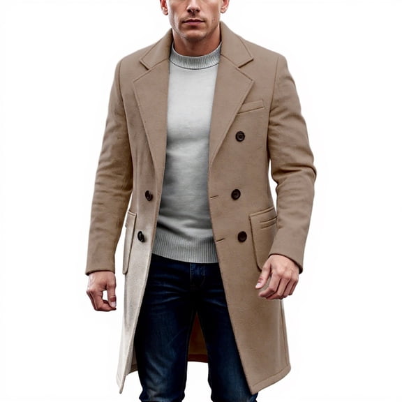 Havenx Jackets for Men Single Brested Long Trench Coat Notched Collar Lapel Wool Blend Pea Coats with Pockets Windbreaker Business Classic Winter Jacket,Coffee L