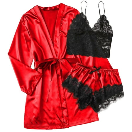 ASFGIMUJ Women  Silk Satin Pajamas Set 3Pcs Lingerie Floral Lace Sleepwear With Robe Size L