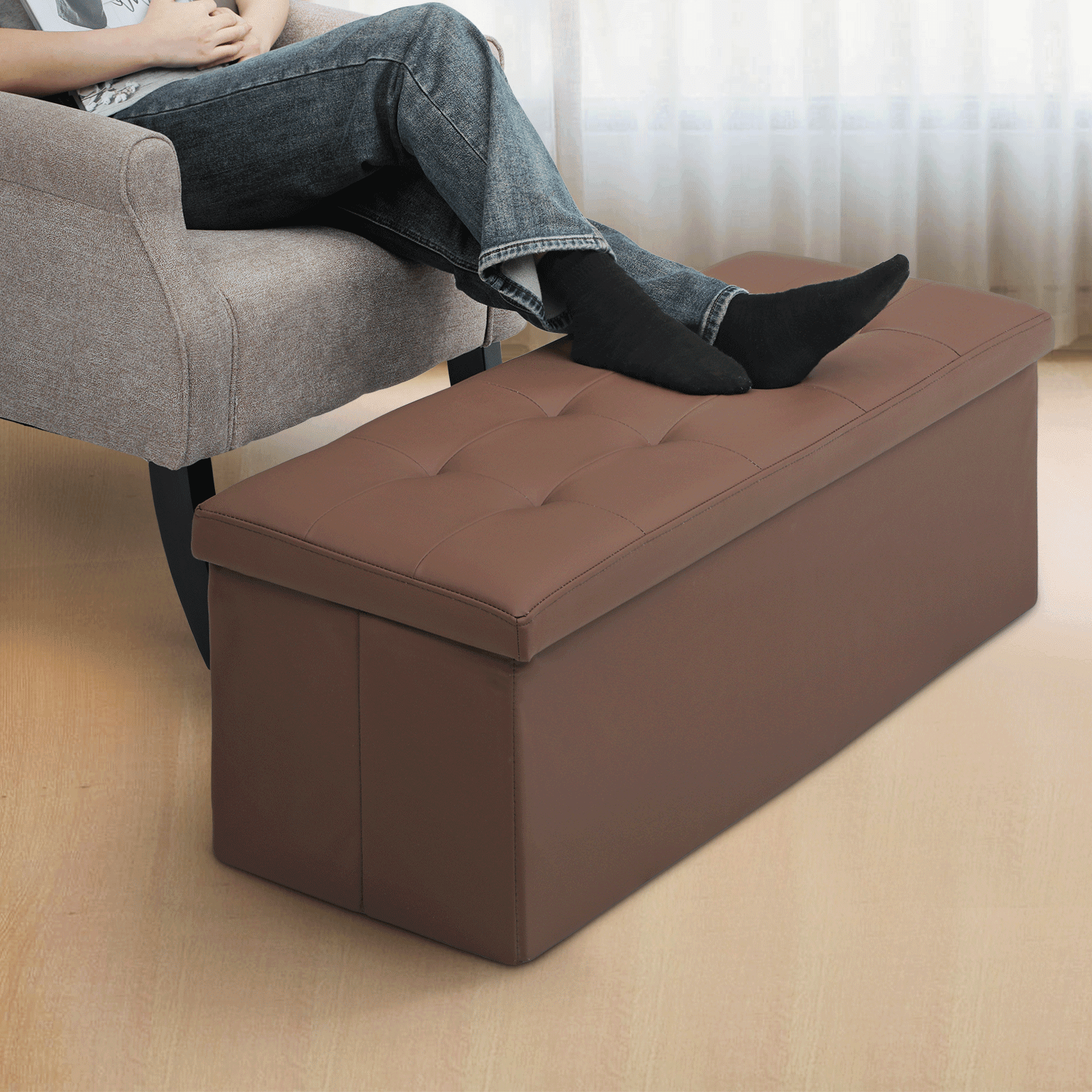 MoNiBloom 43" Collapsible Ottoman with Storage, PU Leather Storage Ottoman Bench, Modern Storage Footstool for Living Room Bedroom Entryway, Brown