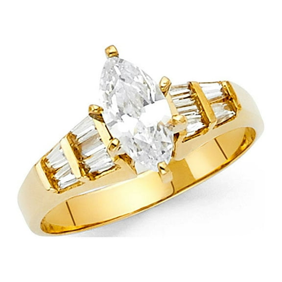 Marquise Solitaire CZ Engagement Ring 14k Yellow Gold Anniversary CZ Band Baguette Side Stones, Size 7