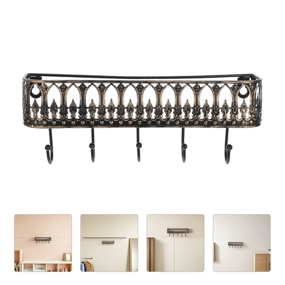 POPETPOP Rustic Black Wall-Mounted Entryway Key Rack with Floating Shelf and Multiple Metal Hooks