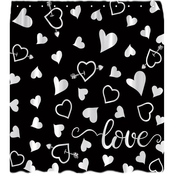 Rideau de Douche de la Saint-Valentin Noir Blanc Cœur Amoureux Romantique Couple Amour Doux Mode Moderne Créatif Rideau de Bain en Tissu avec Crochets
