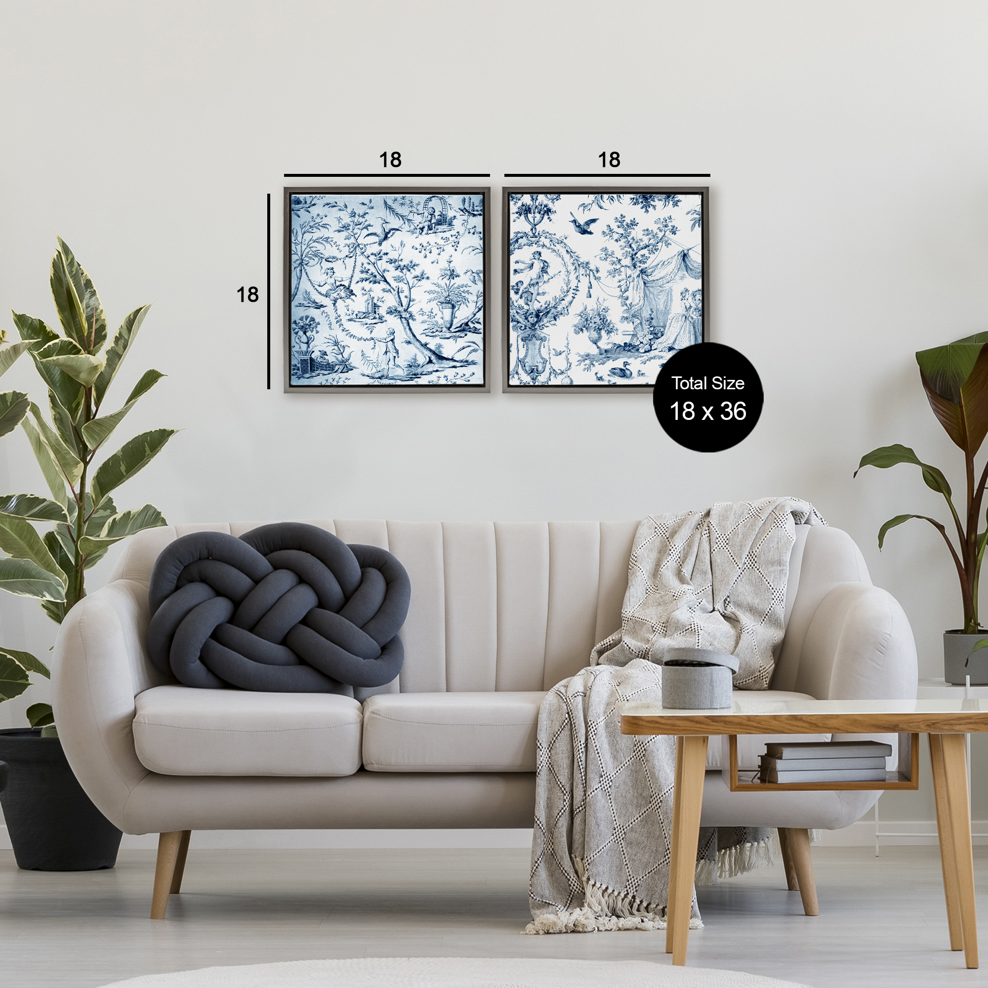 Intricate Toile Scenery 2 Piece Gray Framed Floater Canvas Set, design by Vintage Hustle