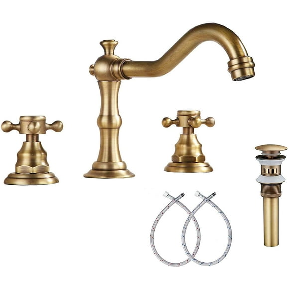 GGStudy 8 inch 2 Handles 3 Holes Widespread Bathroom Sink Faucet Antique Brass Bathroom Vanity Faucet Basin Mixer Tap Faucet Matching Metal Pop Up Dr
