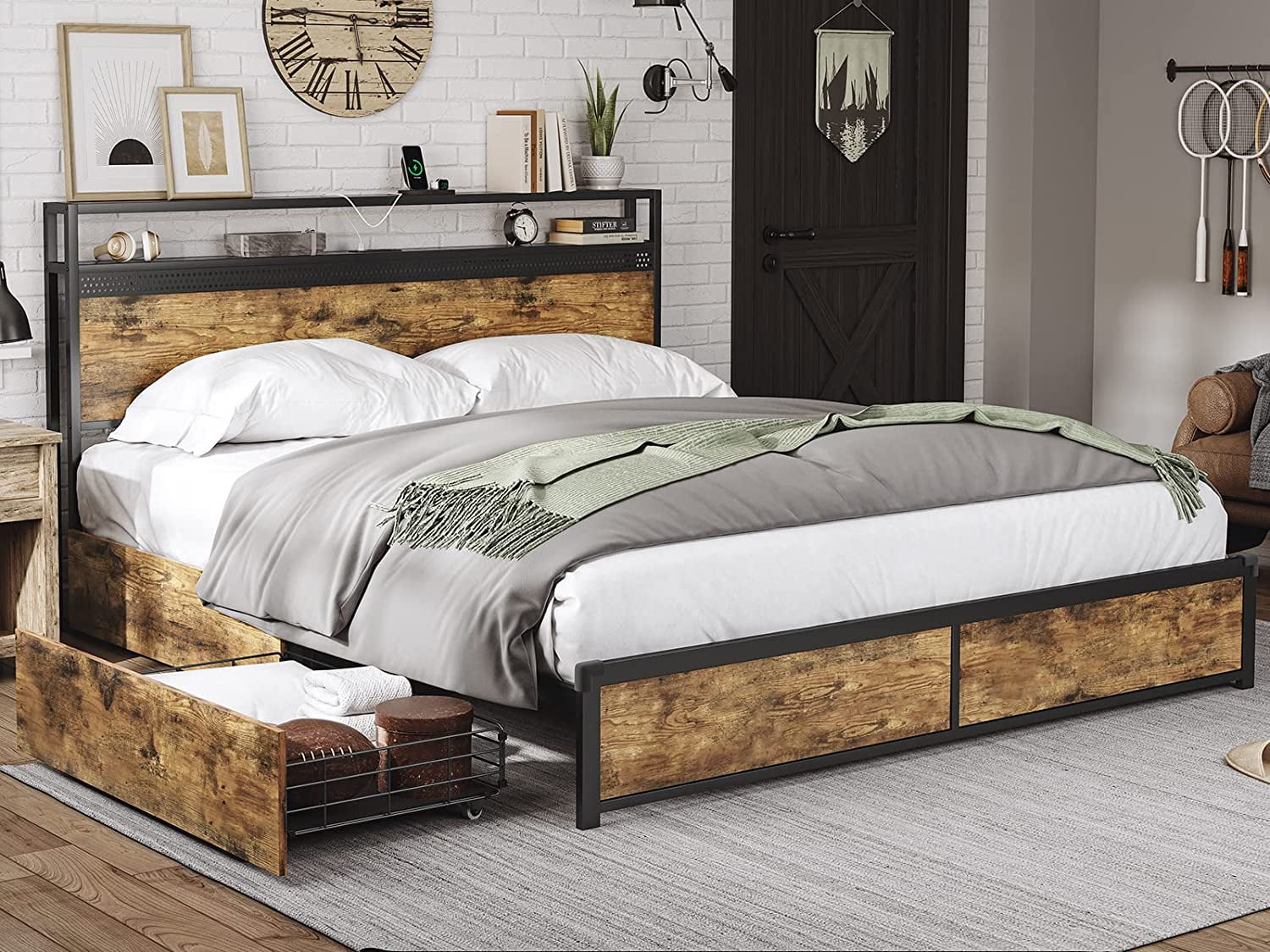 Tiptiper Queen Bed Frame with 4 Storage Drawers and Headboard Shelf