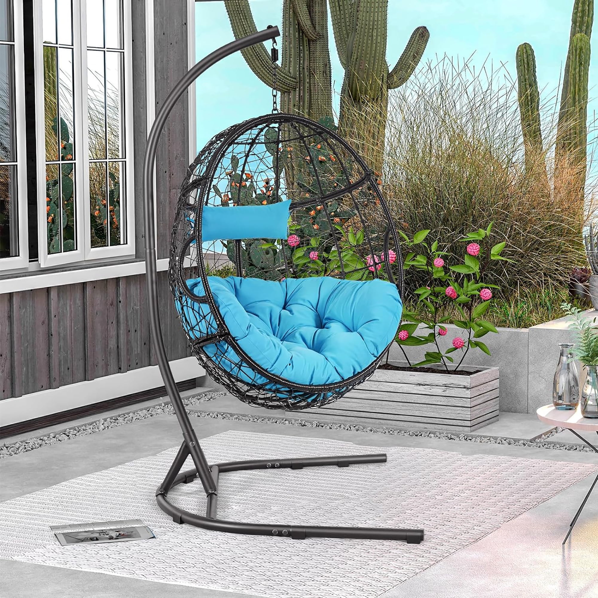 Gymax Hanging Hammock Chair Egg Swing Chair w Blue Cushion Pillow Stand Walmart