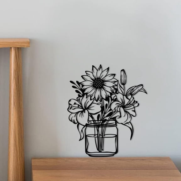 HELLOYOUNG Sunflower Metal Wall Decor Black Vase Wall Art with Flowers, Sophisticated Sculpture for Bathroom Living Room Bedroom, Modern Farmhouse Home Decor Indoor Wall Hanging